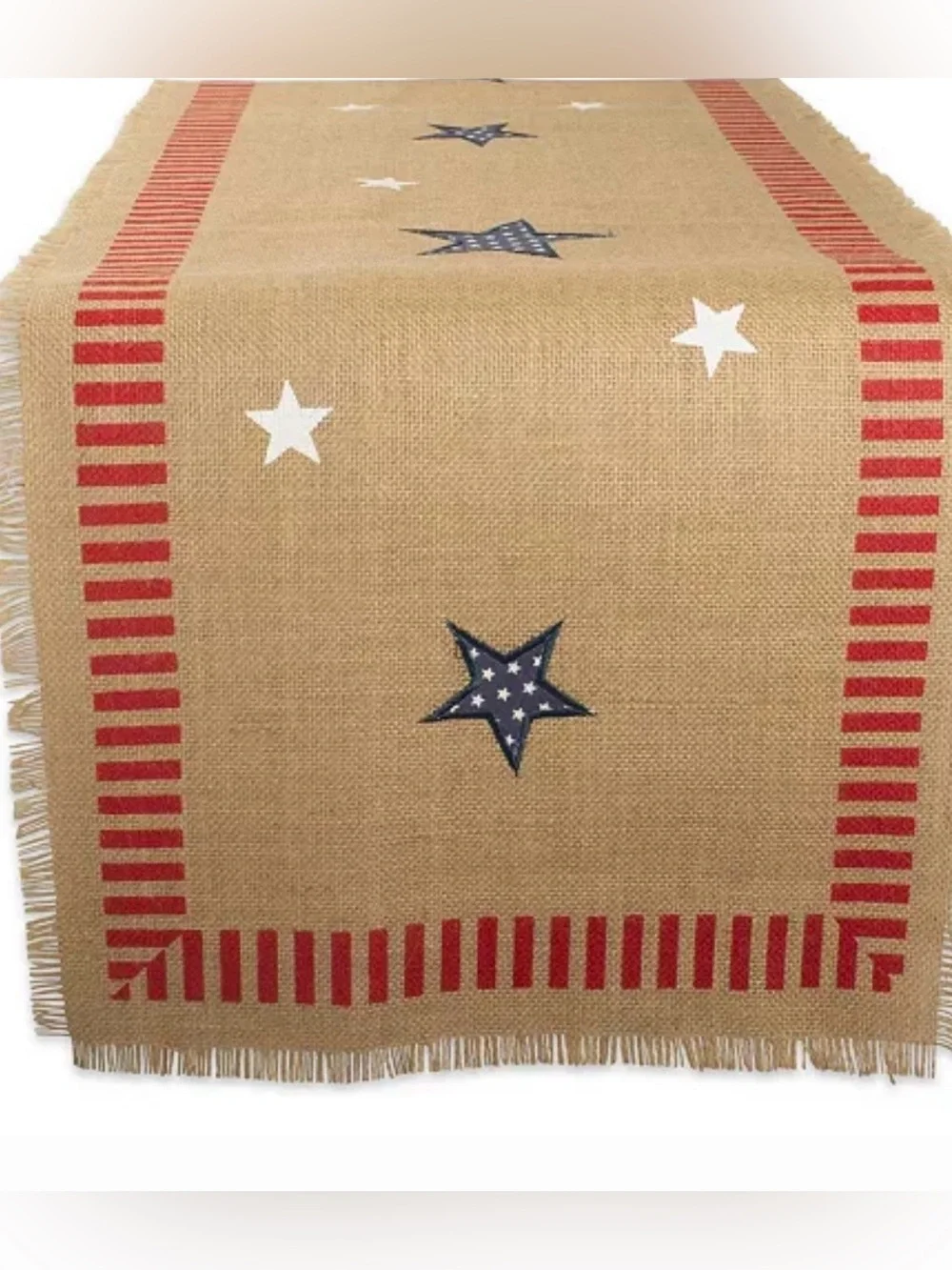 Patriotic Star Burlap Table Runner - Natural with Red & Blue